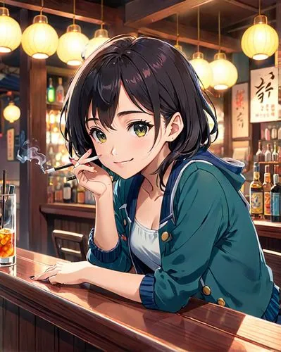This image incorporates an anime style. A woman is leaning her elbows on a counter table in a fashionable Asian-style BAR and looking at us with a smile. She is smoking an electronic cigarette. You ca