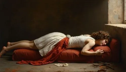 there is a woman that is laying on a couch,woman on bed,woman praying,odalisque,praying woman,girl with cloth,the sleeping rose,woman laying down,siesta,chiaroscuro,baroque angel,woman eating apple,wo