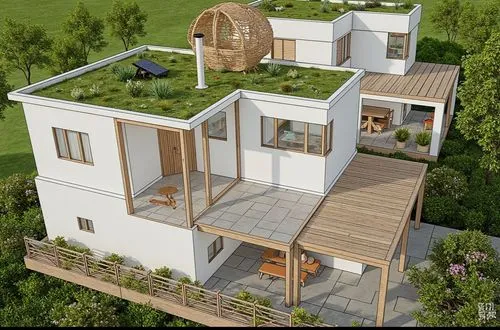 dos casas linderas , minimalistas , de estilos diferentes , con paredes de mamposteria estucada , en colores engamados y carpinterias de madera , panelo solar en el techo  y un jardin circundate , con