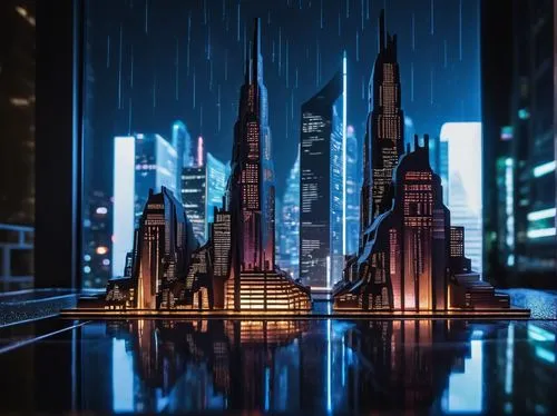 Futuristic architecture installation, sleek metallic structure, geometric shapes, neon lights, urban cityscape, night scene, Tokyo streets, skyscrapers in background, raindrops on glass surface, 3/4 c