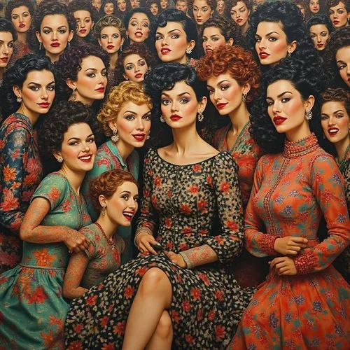 a painting shows people in a crowd as well as men,1940 women,vintage girls,vintage women,retro women,temptresses,actresses,muses,bombshells,beautiful women,beautiful photo girls,deaconesses,pin-up gir