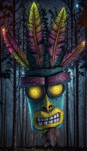 this colorful poster has a weird face with feathers on its head,neon body painting,shaman,day of the dead frame,tribal,totem,light paint,witchdoctor,tribal masks,evil fairy,party mask,voodoo,forest ma
