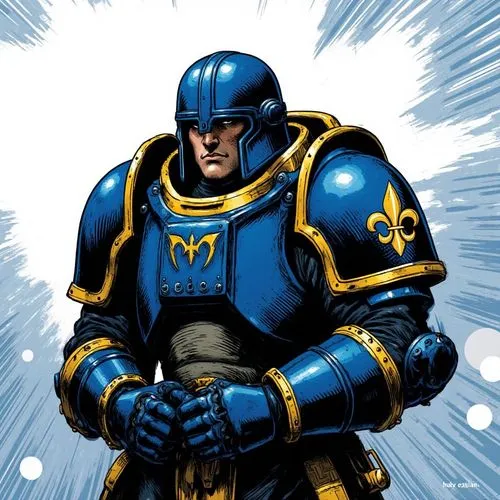 Manga style:

I am Indycatalan, 37 years old man and 1.60m tall.
I am clad in Warhammer 40k Space Marine armor with the helmet. The outfit is royal blue and golden yellow. A golden fleur-de-lis symbol