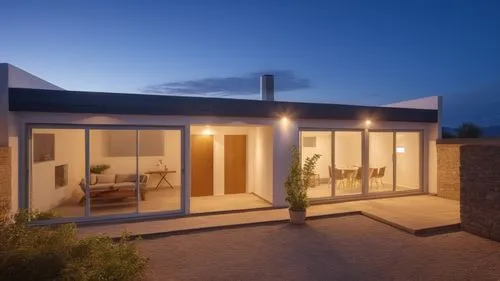 modern style house with patio and lighting on at night,passivhaus,cubic house,dunes house,eichler,modern house,homebuilding,frame house,vivienda,electrohome,smart home,cube house,modern architecture,d