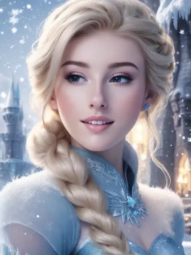 blonde, Frozen style, Elsa, fairytale, snowing, cinematic, beautiful, smiling, ice castle in the background, atmospheric, blue, real-life, live action, photorealistic,elsa,the snow queen,white rose sn