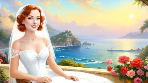 Romantic masterpiece oil painting, 1950's kitsch style, beachfront resort terrace, bridal veil, high res, by Thomas Kinkade, by Bob Ross,a painting of a woman sitting on top of a chair next to flowers