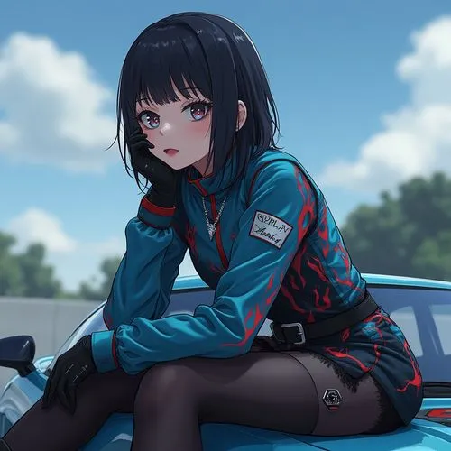 girl leaning sitting on the car. black straight hair and bang. karina from aespa. anime. She is dressed in a racing driver's uniform. fire print, blue aquamarine uniform red detalis, metal neck chain,