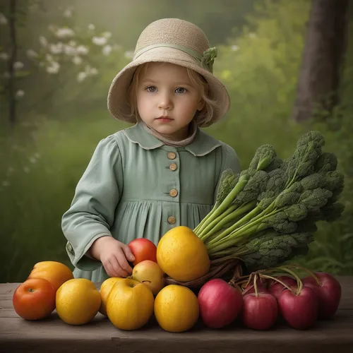 Produce pastel color pictures capturing the beauty of nature in a serene and peaceful setting.,picking vegetables in early spring,organic fruits,farm girl,organic food,fresh vegetables,girl picking ap