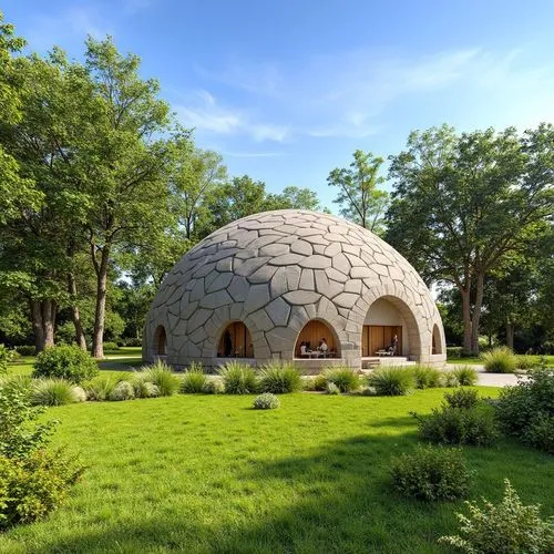 1. Forma general del domo:

Estructura semi ovalada con textura entrelazada en patrón de trenzado, hecha de concreto tipo concreto impreso en 3D. 100 mts2. máx. 10 metros de altura

El entorno es un p