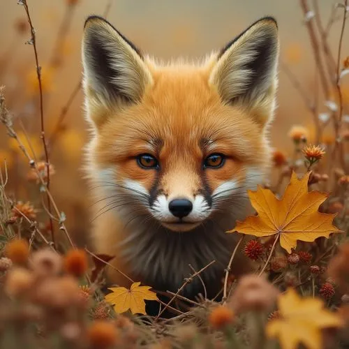autumn sketch, little fluffy beige baby fox peeking out from a pile maple leaves, dried flowers, yellow birch leaves, dry grass, close-up, macro photography, @tinashche, hyperdetail, calm autumn shade
