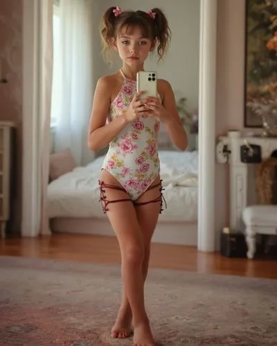 a  in a floral swimsuit and her cellphone,little ballerina,ballerina girl,little girl ballet,little girl twirling,ballet dancer,leotard,ballet pose,photographing children,little girl in pink dress,lit