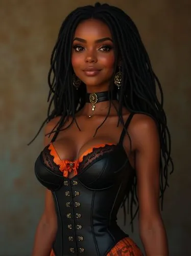 Design a stunning African American female Avatar named Zara, full body photo, with cascading dreadlocks that frame her face in an elegant, effortless style. Her warm, cocoa-colored eyes shimmer with d