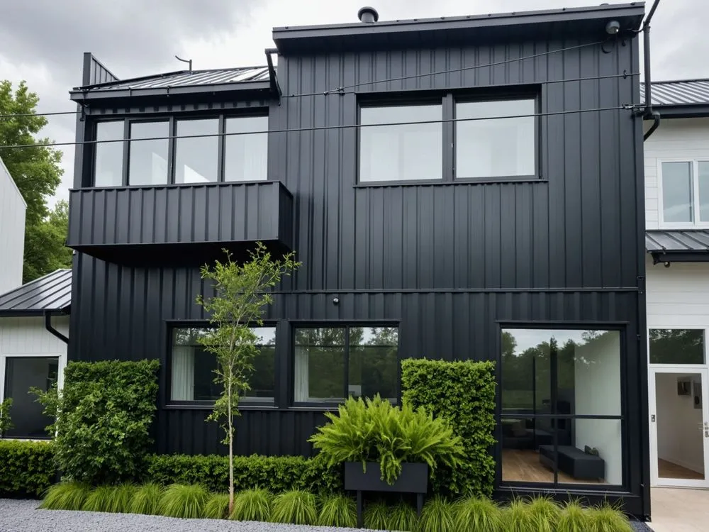 an apartment with black siding and green trees