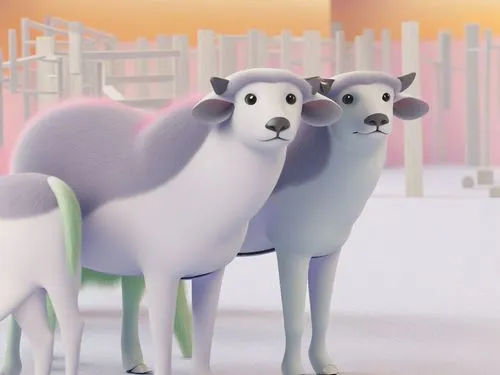 three fake animals are standing in front of a fence,llambi,snowville,llambias,animal film,koryaks,camelids