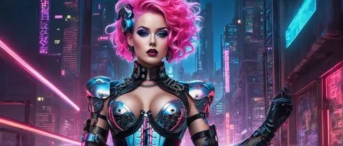 Robot, shiny metal body, intricate mechanical details, glowing blue eyes, kinky hairstyle, neon pink hair clips, bold makeup, black leather corset, fishnet stockings, high heels, industrial background