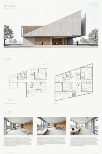 A professional architectural presentation board with a Pure background and a clean, minimalist design layout. The board includes:

Top Section: On the top left, a photorealistic render of a contempora