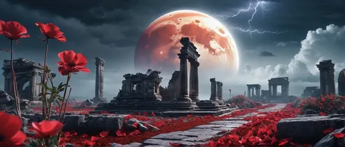 a scene with ruins, red flowers and a lightning in the sky,necropolis,graveyards,interment,unknown soldier,sepulcher,graveside,the fallen,cenotaph,disinterment,obituaries,funerary,necrology,requiem,bu