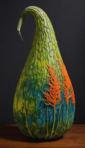 Create a painting that captures the beauty and intricacy of a bitter gourd, showcasing its unique shape and vibrant color.,ornamental gourds,figleaf gourd,pointed gourd,scarlet gourd,gourd,gourds,bitt