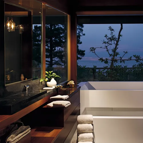 Beautiful modern  contemporary style interior  bathroom ,a bathroom with double sinks and windows at twilight Oasis Designs ,luxury bathroom,amanresorts,modern minimalist bathroom,japanese-style room,