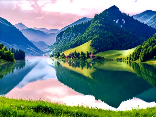 Panoramic pictures view, wide-angle shot, artistic composition, beautiful landscape, majestic mountains, serene lake, lush green forest, rolling hills, sunny day, soft focus, warm color tone, cinemati