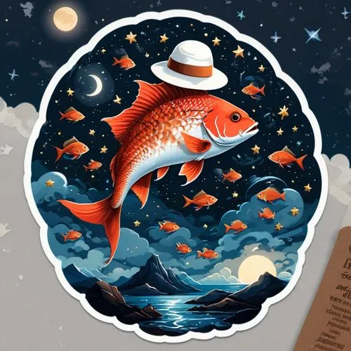 A detailed digital illustration of a great red fish in the night sky. The focal point is the large brown scales of the fish, with the human hand on the roof and the woman who wears a white hat sitting