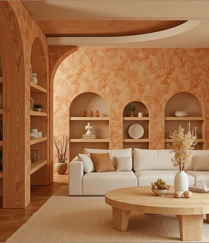 Smooth plaster with terracotta hues, softly curved archways, neutral textiles with warm earthy tones, tactile surfaces, modern composition infused with natural warmth.,a living room with orange and wh