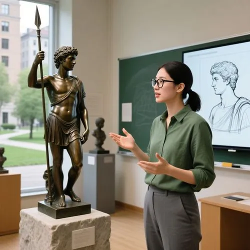 A young art historian with dark hair tied back, wearing glasses and a green-gray smart-casual outfit, discusses a classical bronze sculpture of a young man with a spear on a stone pedestal within a un