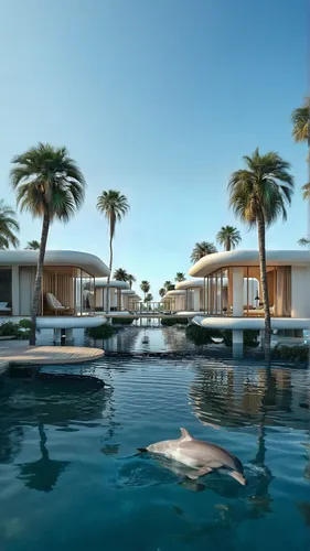 dolphins in the waters,luxury property,holiday villa,luxury home,pool house,3d rendering,floating huts,cube stilt houses,luxury real estate,tropical house,maldives mvr,florida home,dunes house,house b