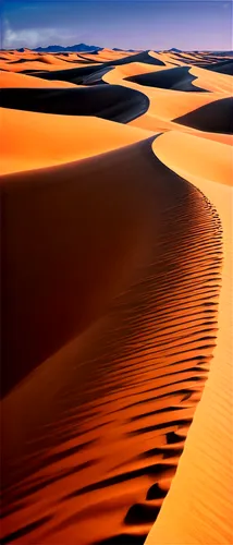 Desert landscape, vast sandy dunes, blue sky with few clouds, warm sunlight, golden hour, 3/4 composition, low-angle shot, dramatic shadows, soft focus, cinematic lighting, realistic texture, detailed