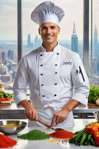 Modern chef, tall hat, white apron, professional uniform, muscular arms, holding a large wooden spoon, standing in front of a sleek kitchen island, stainless steel countertops, industrial-style cookin