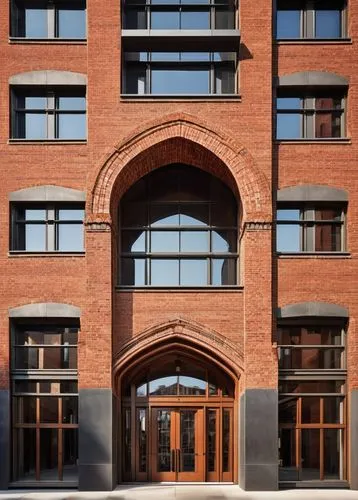 Architectural brick design, modern building facade, detailed brick texture, rustic red bricks, geometric pattern, symmetrical composition, grand entrance, ornate door frame, large glass windows, steel