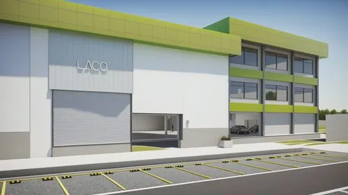 “Render arquitectónico de un edificio administrativo moderno ubicado en un parque industrial. El diseño del edificio, de tres niveles, en interior se observan personas interactúando, combina una estru