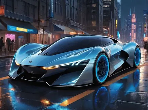 Futuristic AI-generated cars, silver metallic body, sleek aerodynamic design, glowing blue LED lights, sharp angular lines, chrome-plated rims, low-profile tires, sporty rear spoiler, panoramic windsh