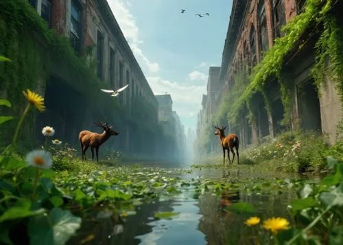two deers walk between buildings by some water,animal lane,deers,fantasy picture,whimsical animals,giraffes,animal world,forest animals,two giraffes,antelopes,tanneries,deep zoo,horned cows,backwater,