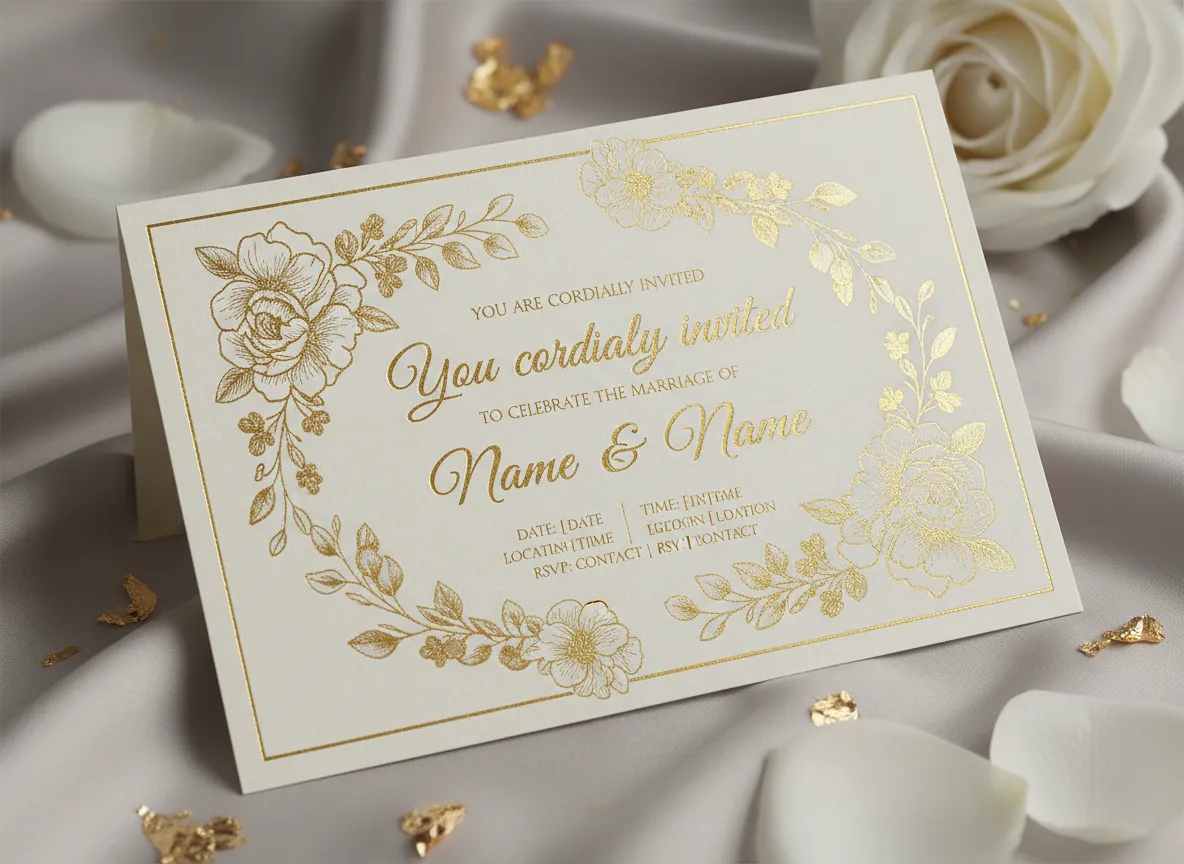 नाजुक Gold Leaf टाइपोग्राफी और पुष्प तत्वों की विशेषता वाला सुरुचिपूर्ण निमंत्रण डिज़ाइन।