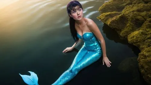 ДЕВУШКА, 
русалка с синим хвостом, Она в темной воде. Она плывет,a woman wearing a blue dress with long hair posing under water in a green algae - covered area,mermaid background,believe in mermaids,m