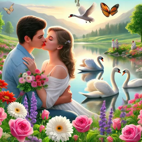 a bride and groom are kissing on the banks of a lake,romantic scene,romantic portrait,romantic look,landscape background,young couple,cute cartoon image