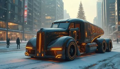 large semi - truck in the city surrounded by buildings,christmas truck,christmas pick up truck,cybertruck,kenworth,hauler,big rig,christmas truck with tree,snow plow,tractor trailer,rust truck,peterbi