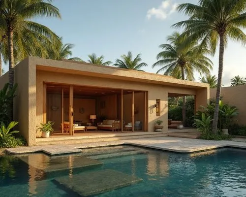 a building next to a swimming pool near palm trees,pool house,tropical house,holiday villa,palm field,bungalows,beach house,summer house,dunes house,cabana,coconut palms,palm leaves,beautiful home,lux