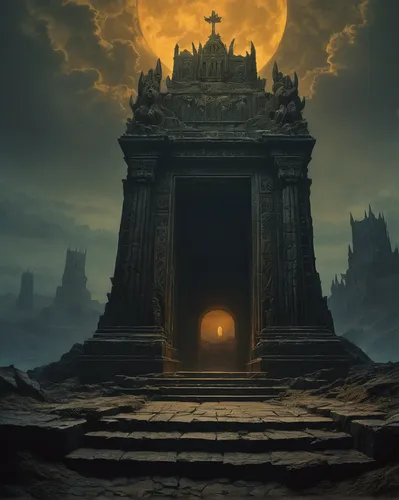 night Zdzisław Beksiński tomb king ,hall of the fallen,ancient city,portal,mausoleum ruins,the ruins of the,mortuary temple,gateway,the ancient world,necropolis,haunted cathedral,ghost castle,victory 