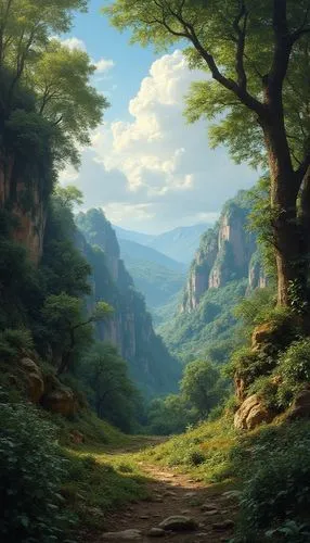 A dramatic nature image with lots of detail and color that is suitable as the summary of a nature film.,a painting on a mountain trail with a tree,mountain landscape,forest landscape,mountain scene,mo