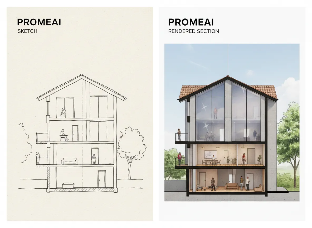 साथ-साथ तुलना जिसमें एक साधारण लाइन स्केच PromeAI के साथ एक फोटो-यथार्थवादी वास्तुशिल्प सेक्शन ड्राइंग में बदलता हुआ दिखाया गया है।