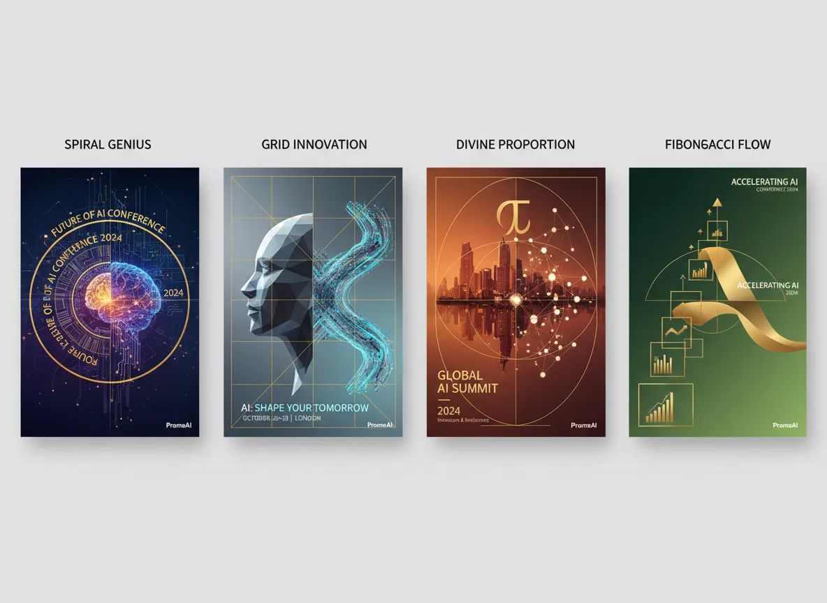 एक ही इवेंट के लिए चार अलग-अलग पोस्टर डिज़ाइनों का एक गैलरी दृश्य, प्रत्येक PromeAI द्वारा उत्पन्न किया गया है और प्रत्येक एक अद्वितीय गोल्डन रेशियो रचना का उपयोग कर रहा है।