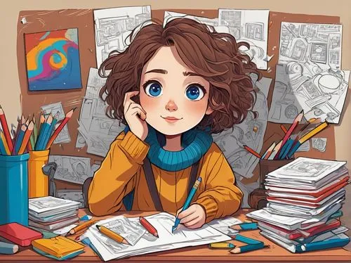 Quirky doodle art, colorful background, whimsical atmosphere, cute cartoon characters, simple lined bodies, expressive facial features, bright blue eyes, messy brown hair, casual wear, oversized sweat