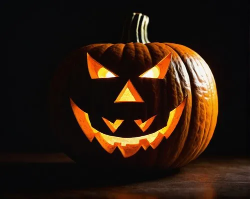 Pumpkin stencil, orange, intricate design, symmetrical patterns, ornate details, glowing jack-o'-lantern face, candlelit, spooky ambiance, dark background, misty atmosphere, Halloween theme, eerie lig