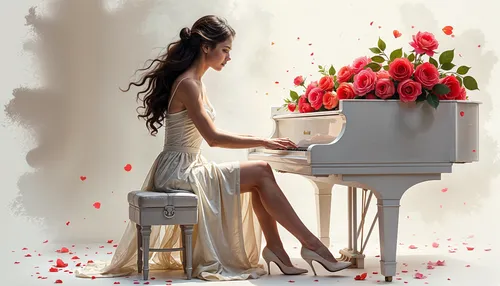 a woman in white dress sitting at piano,pianist,concerto for piano,piano player,pianoforte,play piano,scent of roses,with roses,piano lesson,red roses,the piano,musicale,serenade,bach flower therapy,s
