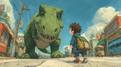 A kid wearing a book bag walking up to a t-rex the t-Rex walk toward the kids as to the greet the kid, city,cartoon vibrant colors,stroll,kids illustration,walk,encounter,strolling,giant lizard,travel