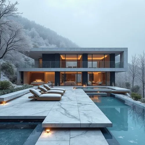  ,a modern house with a large pool and covered deck,house in the mountains,pool house,lago grey,house in mountains,modern house,modern architecture,snow house,winter house,luxury property,dreamhouse,l