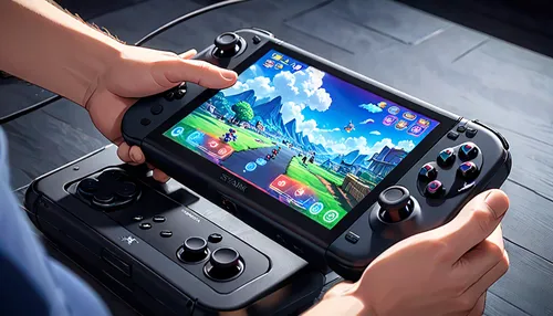 handheld gaming device, Steam Deck, D-pad, tactile feedback, thumb pressing, matte texture, black color, ergonomic design, integrated buttons, portable, gaming action, close-up, indoor lighting, high 