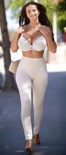 a woman walking down the sidewalk in white lingerie,jiggle,thickset,enormous,white clothing,jiggly,thickest,big,jiggles,ample,fat,blurred background,chunkier,her,white shirt,cellulite,run,see thru,meg